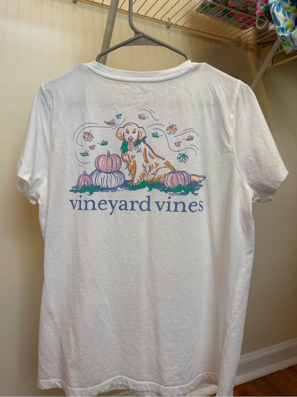 Vineyard Vines White Tee with Dog & Pumpkin Graphic